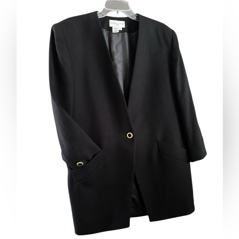 Vintage Casual Corner Black Wool One Button Collarless Blazer Coat Size 16
